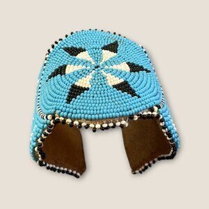 Handmade Blue Beaded Cuff Bracelet With Geometric Black & White Star Pattern